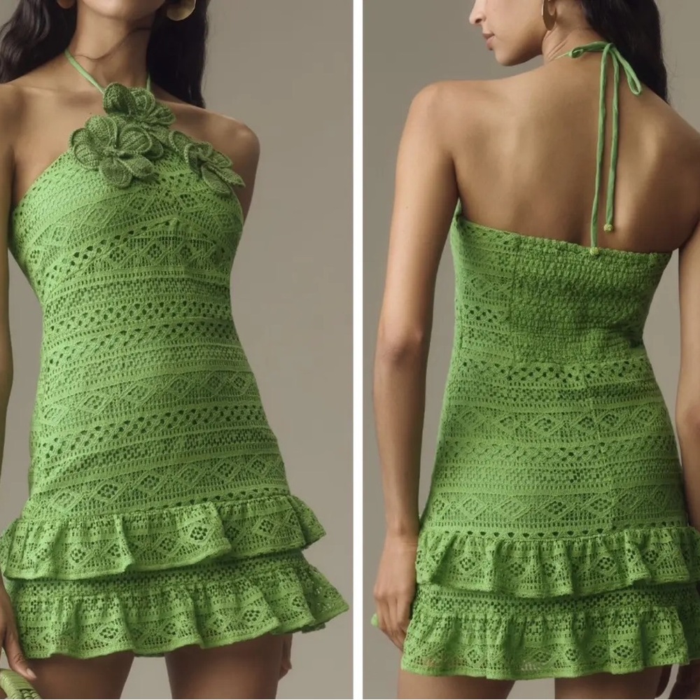 Farm Rio Green Crochet Halter Dress